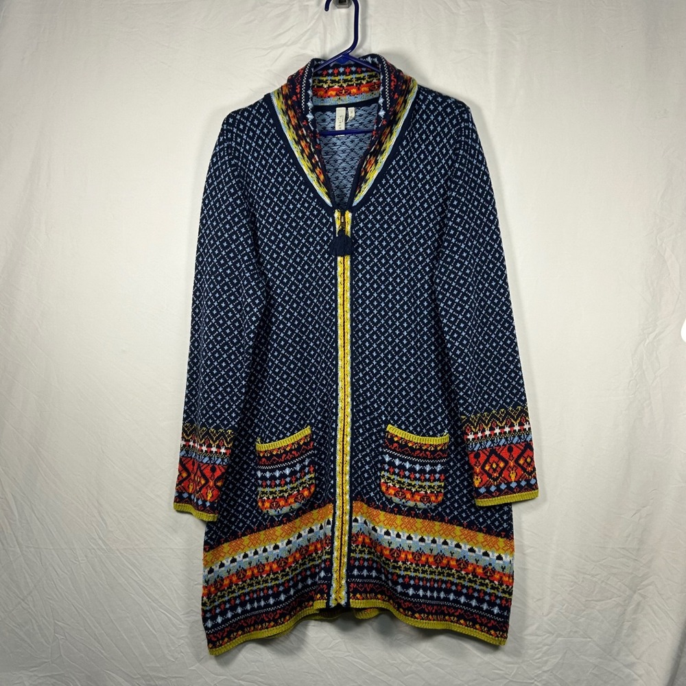 Sahalie Zip Up Long Cardigan Sweater Womens XL Blue Multi Geometric Fair Isle